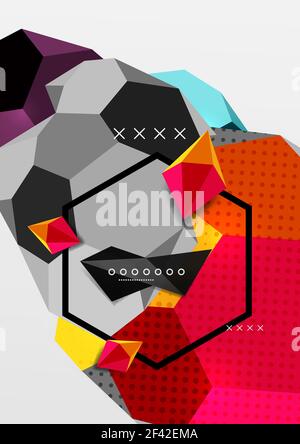 Color 3d geometric composition poster. Color 3d geometric composition poster. Vector illustration of colorful triangles, pyramids, hexagons and other shapes on grey background Stock Vector