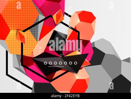 Color 3d geometric composition poster. Color 3d geometric composition poster. Vector illustration of colorful triangles, pyramids, hexagons and other shapes on grey background Stock Vector