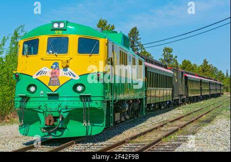 Canada, Yukon, Carcross, White Pass & Yukon Route tourist train in yard Stock Photo