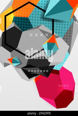 Color 3d geometric composition poster. Color 3d geometric composition poster. Vector illustration of colorful triangles, pyramids, hexagons and other shapes on grey background Stock Vector