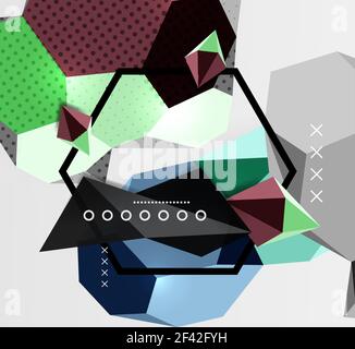 Color 3d geometric composition poster. Color 3d geometric composition poster. Vector illustration of colorful triangles, pyramids, hexagons and other shapes on grey background Stock Vector