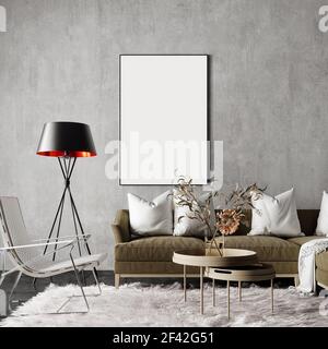 Modern living room interior design with white carpet and empty picture frame on the wall 3D Rendering, 3D Illustration