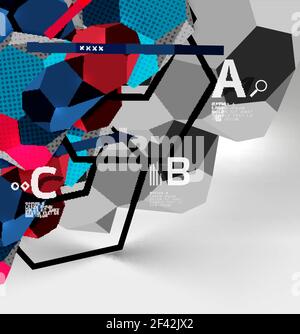 3d hexagon geometric composition, geometric digital abstract background. 3d hexagon geometric composition, geometric digital abstract background. Techno or business presentation template with sample options. Vector illustration Stock Vector