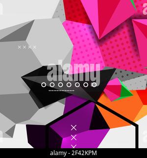 Color 3d geometric composition poster. Color 3d geometric composition poster. Vector illustration of colorful triangles, pyramids, hexagons and other shapes on grey background Stock Vector