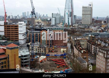 London construction site, London construction, elevated view, 185 Park Street, construction site Bankside, Bankside, Southwark, London SE1, February 2020, 2020, London, England, UK, Europe, preliminary works, works, Triptych Bankside, 185 Park Street Bankside, development, building site, London UK, London infrastructure, Triptych London, Triptych building London, residential London, residential complex London Stock Photo