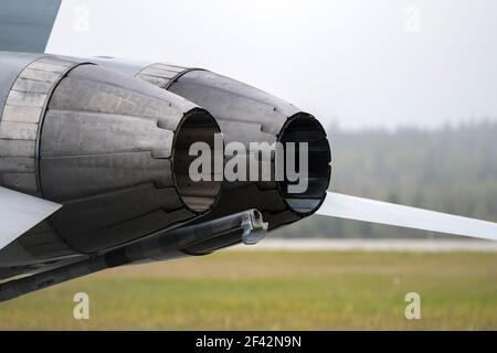 Fighter jet engine nozzles. The engines are off. Closeup view. Stock Photo