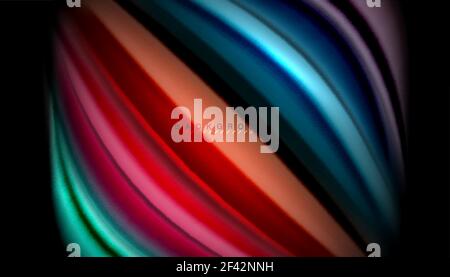 Fluid wavy multicolored lines on black. Fluid wavy multicolored lines on black, vector background, dynamic motion pattern Stock Vector