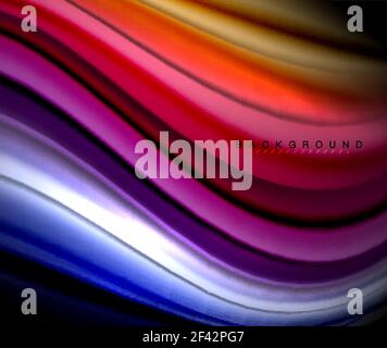 Fluid wavy multicolored lines on black. Fluid wavy multicolored lines on black, vector background, dynamic motion pattern Stock Vector