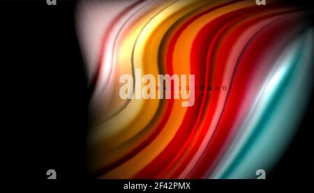 Fluid wavy multicolored lines on black. Fluid wavy multicolored lines on black, vector background, dynamic motion pattern Stock Vector