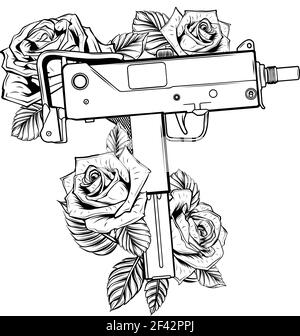 draw in black and white of weapont Uzi with roses vector illustration Stock Vector