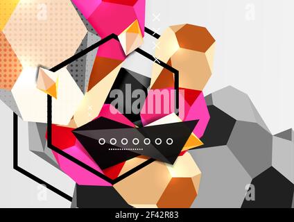 Color 3d geometric composition poster. Color 3d geometric composition poster. Vector illustration of colorful triangles, pyramids, hexagons and other shapes on grey background Stock Vector