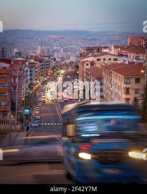 Ankara, Turkey-March 12 2021: Cevizlidere Street with long exposure and motion blurred at night Stock Photo