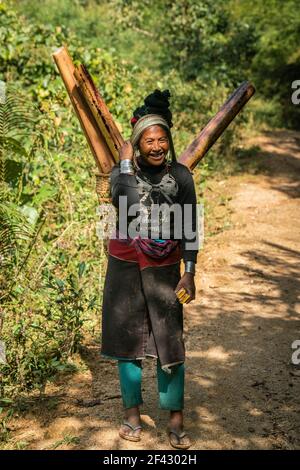 Portrait of adult woman of Eng tribe carrying bamboo trunks in pack basket, near Kengtung, Myanmar Stock Photo