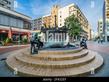 The Faunbrunnen, also known as the Faunenbrunnen is a fountain in Leiterstraße in the old town of Magdeburg, Saxony-Anhalt, Germany Stock Photo