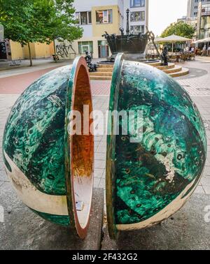 Magdeburg hemispheres as public art installation in Leiterstraße Magdeburg, Saxony-Anhalt, Germany Stock Photo