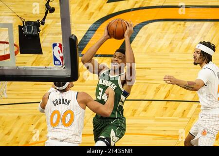 Orlando, Florida, USA, January 11, 2021, Milwaukee Bucks player Giannis Antetokounmpo attempt to make a basket during the game at the Amway Center  (Photo Credit:  Marty Jean-Louis) Stock Photo