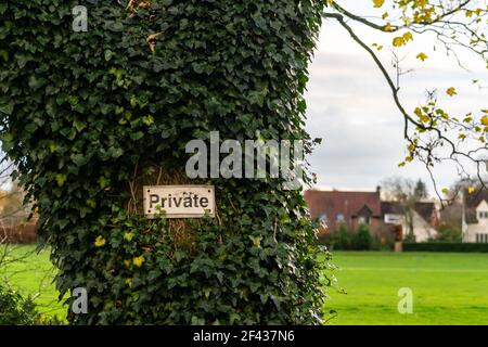 Private sign hanged on a tree with beautiful big green park and houses in the background Stock Photo