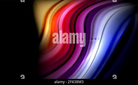 Fluid wavy multicolored lines on black. Fluid wavy multicolored lines on black, vector background, dynamic motion pattern Stock Vector