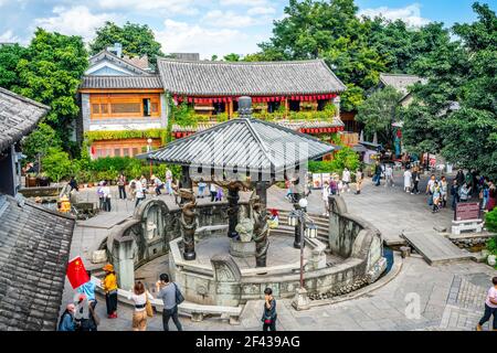 Dali China , 5 October 2020 : Dali old town scenic top view with the red dragon or Honglong well and colorful ancient houses in Dali Yunnan China Stock Photo