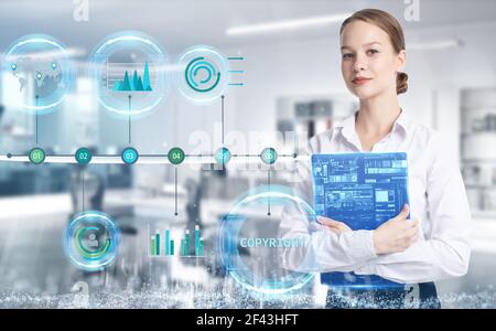 Business, technology, internet and network concept. Young businessman thinks over the steps for successful growth: Copyright Stock Photo