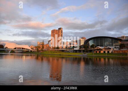 The Adelaide skyline taken at dusk as viewed from the River Torrens, in South Australia Stock Photo