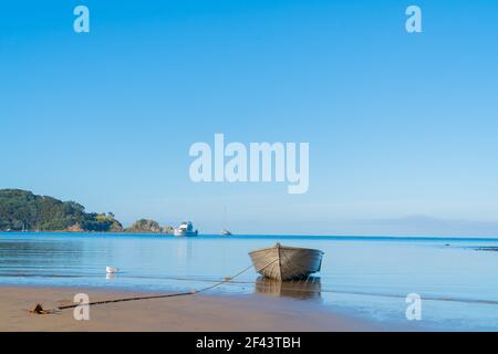 Small boat anchored on beautiful blue sky and water at Mulberry Grove Beach on Great Barrier, New Zealand. Stock Photo