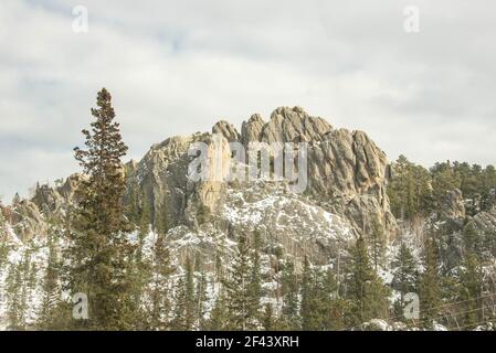 View of Little Devils Tower and the Cathedral Spires, Black Elk Peak Trail, Custer State Park, South Dakota, U.S.A Stock Photo