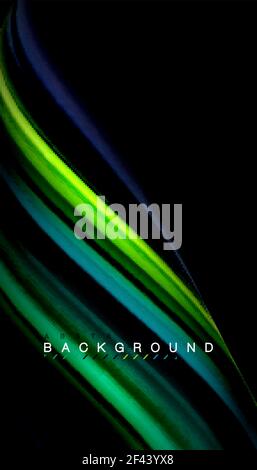 Fluid mixing colors, vector wave abstract background. Abstract wave lines fluid rainbow style color stripes on black background. Vector artistic illustration for presentation, app wallpaper, banner or poster Stock Vector