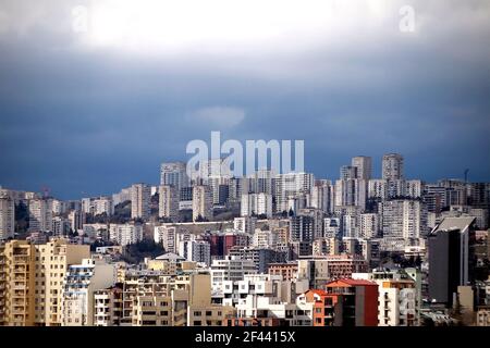 Tbilisi cityscape view from the moutain. A cityscape with dramatic clouds  in the sky. Stock Photo