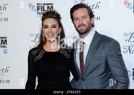 FILE PHOTO - File photo dated October 11, 2016 of Elizabeth Chambers and Armie Hammer attending the Premiere of The Birth of a Nation as part of the BFI London Film Festival in London, UK. Hammer has been accused of raping a woman in Los Angeles in 2017. The woman, a 24-year-old named only as Effie, made the allegations during a virtual news conference on Thursday. Hammer, 34, denied the allegations. His lawyer said they were 'outrageous' and Hammer 'welcomes the opportunity to set the record straight'. Photo by Aurore Marechal/ABACAPRESS.COM