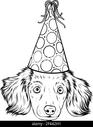 draw in black and white of A cute head puppy with party hat Stock Vector