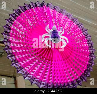 Oaxaca, Mexico - 2019-11-16 - Red fan decoration with spider for Dis de los Muerto. Stock Photo