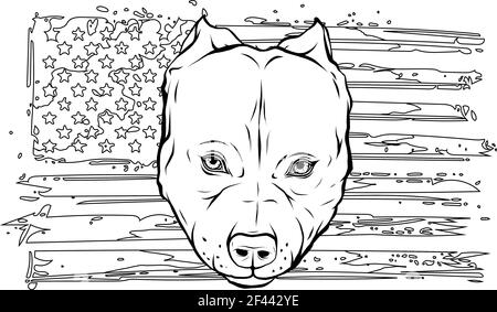 draw in black and white of Head of Aggressive Bully Dog with american flag Stock Vector