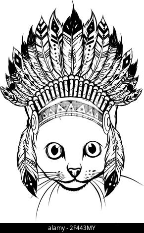 draw in black and white of head of Cat with indian hat vector Stock Vector