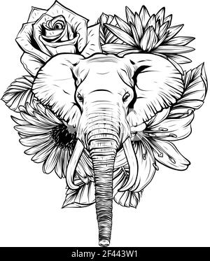 draw in black and white of Vector illustration of head elephant with flower. Stock Vector