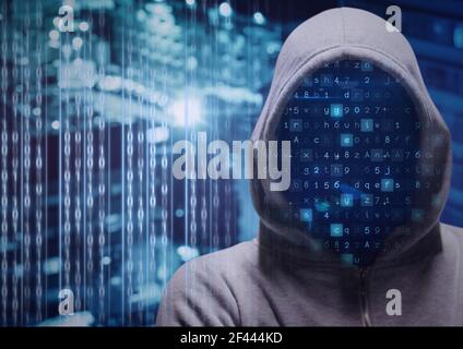Composition of letters flashing and data processing over hacker wearing hood Stock Photo