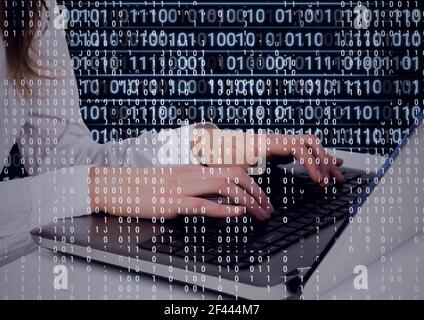 Composition of binary coding and data processing over woman using laptop Stock Photo