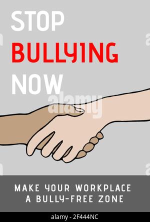 Digitally generated image of stop bullying now text against holding hands on grey background Stock Photo