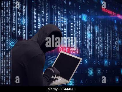 Composition of binary coding and cyber crime warning text over hacker in hood using laptop Stock Photo