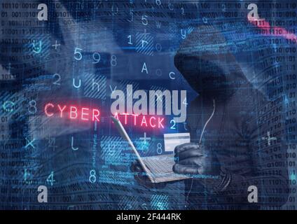 Composition of binary coding and cyber attack warning text over hacker in hood using laptop Stock Photo