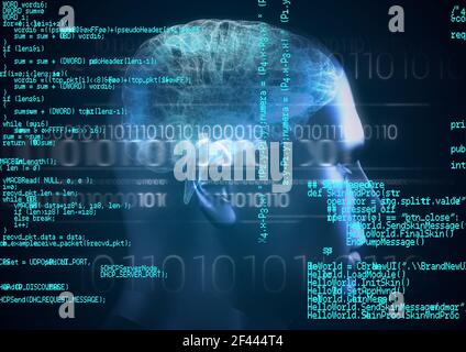 Composition of binary coding and data processing over human head Stock Photo