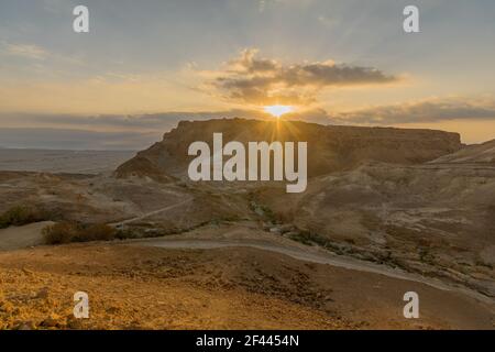 Sunrise view of the Masada fortress, the Judaean Desert, Southern Israel Stock Photo