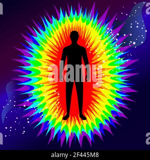 The aura of the body. Rainbow color marked layers of the male body. Etheric, emotional, metallic, astral, celestial and causal layer.Illustration Stock Photo