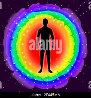 The aura of the body. Rainbow color marked layers of the male body. Etheric, emotional, metallic, astral, celestial and causal layer.Illustration Stock Photo