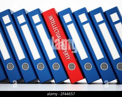 Red folder with intellectual property label standing out among regular folders. 3D illustration. Stock Photo