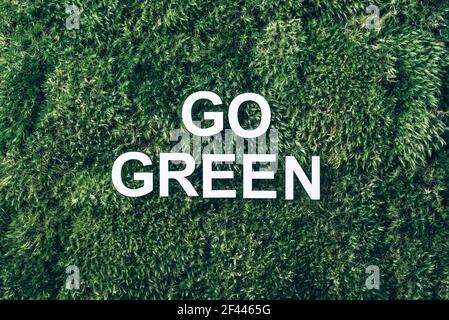 Inscription Go green on moss, green grass background. Top view. Copy space. Banner. Biophilia concept. Nature backdrop Stock Photo