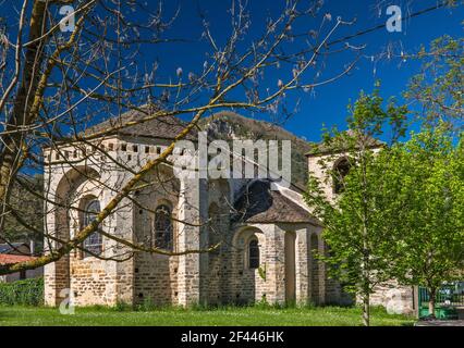 Saint-Sauveur, 11th century church at monastery, village of Le Rozier, commune in Lozere department, Occitanie region, France Stock Photo