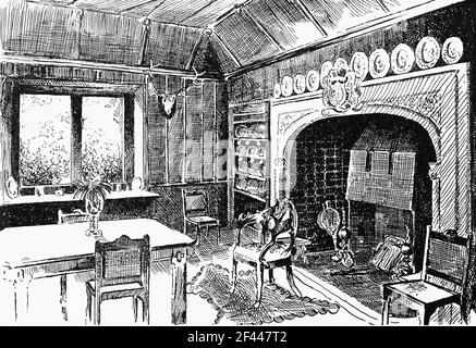 A 19th Century sketch a room in Ross Castle, a 15th-century tower house and keep on the edge of Lough Leane, in Killarney National Park, County Kerry, Ireland. The ancestral home of the Chiefs of the Clan O'Donoghue it was amongst the last to surrender to Oliver Cromwell's Roundheads during the Irish Confederate Wars. The castle became a military barracks, which remained so until early in the 19th century, after which in fell into ruin. Stock Photo