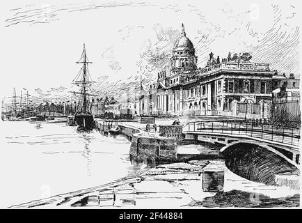 19th Century illustration of the neoclassical Custom House,  built by James Gandon between 1781 and 1791 located along the River Liffey. Although the building was initially designed to collect custom duties, it was soon used as the nerve center of the Local Government Board for Ireland. During the Irish War of Independence, in 1921, the IRA set the building on fire and caused irreparable damage to the structure’s interior burning many historical documents. It was rebuilt in 1928. Stock Photo