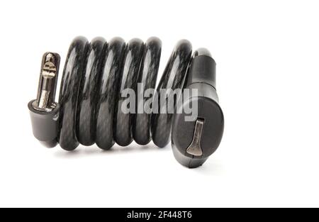 New outdoor cable bicycle combination lock isolated on white background. Close-up Stock Photo